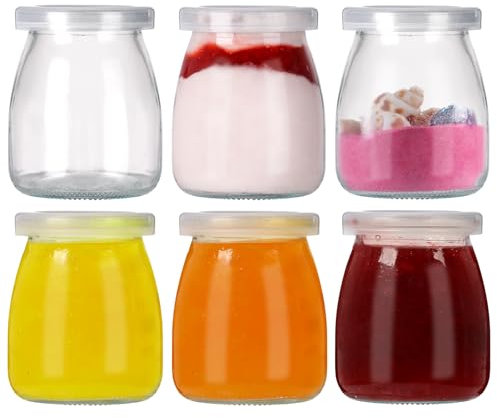 TOEKSIX Lot de 6 mini bocaux à yaourt en verre avec couvercles en polyéthylène de 200 ml pour yaourt et pudding