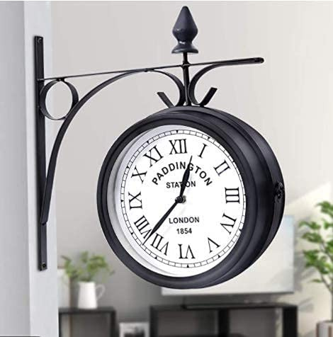 Vintage Garden Station Double Sided Clock - Waterproof Indoor Outdoor Wall Mount With Antique-Look Bracket and Metallic Finish