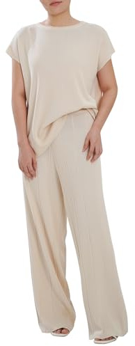 AGYMNX Pyjama Damen Kurzarm Schlafanzug Damen Pyjama Set Zweiteiler Casual Elastischer Bund Sleepwear Elegant Homewear mit Lang Pyjamahose und Shirt Beige L