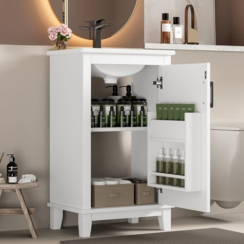 Easexcy 51 x 34 x 83 cm, mobile da bagno da pavimento, lavabo, lavabo, completamente laccato, scaffali per porte, scaffali regolabili, lavabo in ceramica integrato (bianco, 51 x 34 x 83 cm)