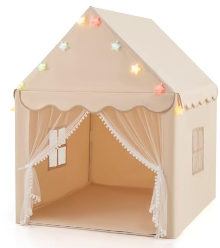 Maxmass Kids Play Tent, Princess Castle Teepee with Washable Mat, Lights and Windows, Indoor Outdoor Children Playhouse (Beige with Colorful Lights)