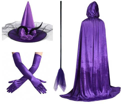 Celebration Directre 4PCS Halloween Witch Costume Adult Women, Purple Hooded Cloak Witch Hat Witches Broomstick Long Gloves Halloween Costumes Accessories for Women Adult