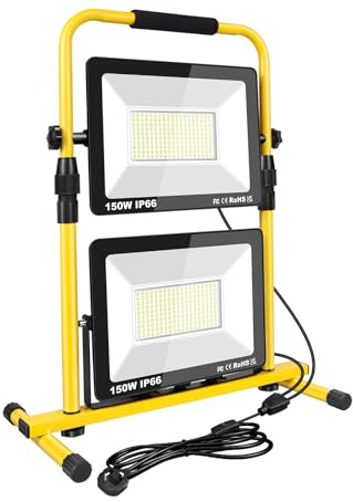 PICAA 300W LED Baustrahler IP66 Wasserdicht,Tragbarer LED Flutlichtstrahler | 30000LM,mit Robustem Metall H Teleskopstativ, für Bau, Werkstatt, Garage, Keller, 6000K, mit Schalter&EU-Stecker