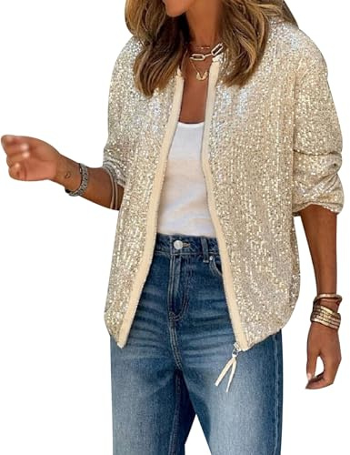 Ellunis Damen Pailletten Jacke Langarm Reißverschluss Schimmer Rundhalsausschnitt Blazer Cocktail Party Mantel Glitzer Bomberjacke