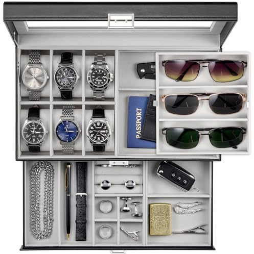 ProCase Mens Jewelry Box, Lockable 6 Slot Watch Case & 3 Slot Sunglasses Organizer, 2-layer Mens Jewelry Organizer Watch Box for Men, Watches Holder Display Storage Valentine Birthday Gifts -Black