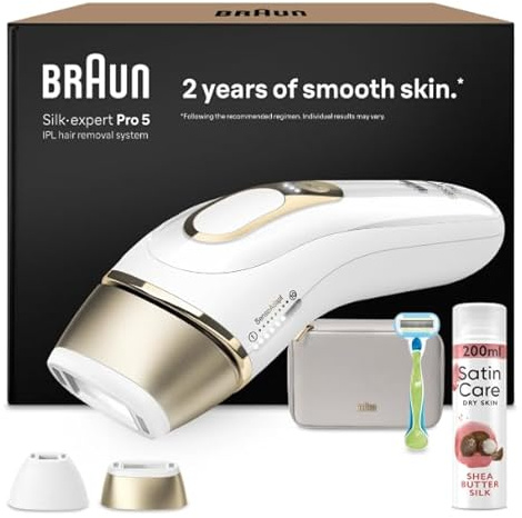 Braun IPL Silk·expert Pro 5 – IPL Geräte Haarentfernung, Dauerhafte und Schmerzfreie Haarentfernung für Zuhause – inkl. Etui, Venus Rasierer, 2 Aufsätze, Satin Care Intimpflege Rasiergel