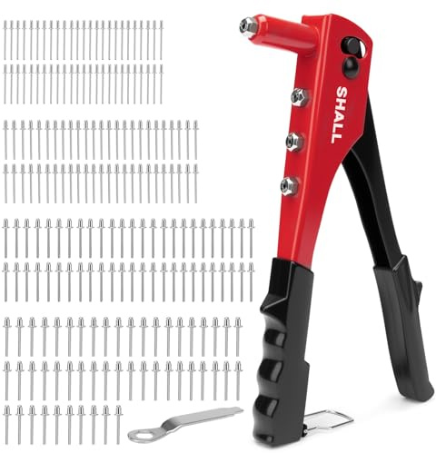 SHALL Juego de remachadoras 4 en 1,remachadora manual de alta resistencia con 200 remaches,4 tamaños(2,4 mm, 3,2 mm, 4,0 mm, 4,8 mm),para automoción,cuero, plástico, muebles y metal.