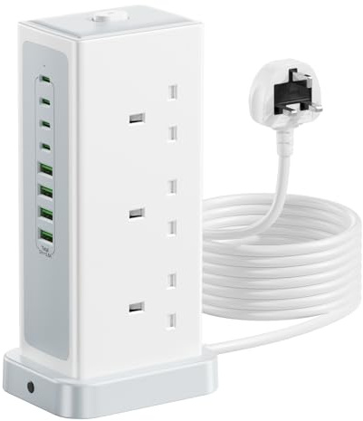 Tower Extension lead with USB Slots,6 Way (13A/3250W) Plug Extension Socket with 4 USB C & 4 USB A, Overload Protection Multi Plug with Switch 3M Extension Cable for Office, Home, Kitchen