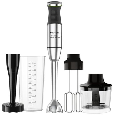 Taurus Batidora Electrica Profesional 1500w 4 en 1 y 20 Velocidades con Picador Varillas Electricas Set Liquidificador Alimentos y Hielo Cuchillas Acero Doble Efecto y Accesorios - Bapi 1500 Luxe XL