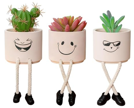 Hsyadazi Plantas artificiales, maceta con cara sonriente | Linda maceta con figuras para suculentas y plantas pequeñas para jardín, balcón y alféizar de la ventana (rosa)