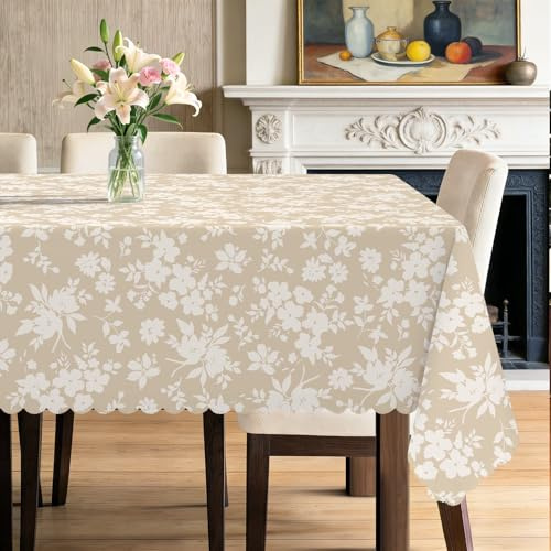 hometrixx Tischdecke Blumen Blätter Garten Kleine 140x180 Beige Wellenrand | Tischdecken Abwaschbar,Fleckabweisend,Pflegeleicht,Polyester Tischtuch Rechteckig,für Party Picknick Abendessen Küche Dekor