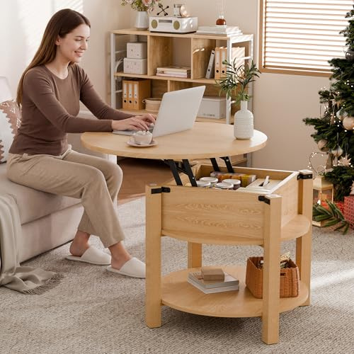 ELUCHANG Mesa de Centro Redonda Elevable y Extensible 2 en 1 para Salón y Oficina, Mesa de Cafe con Espacio de Almacenamiento de 2 Niveles, Madera en Color Natural, 60x60cm