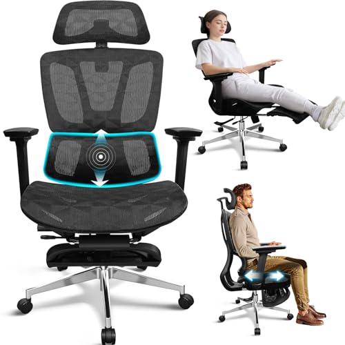 MELOKEA Bürostuhl Ergonomisch mit Fußstütze, Schreibtischstuhl 4D-Armlehnen | Verstellbare Sitztiefe, 4-stufige Neigung, 3D-Kopfstütze, Hoher Rücken, Atmungsaktive Netzsitze, Homeoffice & Gaming