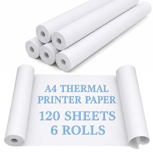 6 Rotoli Carta Termica A4 per Stampante Portatile, Carta Termica A4, A4 Carta termica per stampante, Senza BPA, Asciugatura Rapida, per Foto, Documenti, Contratt, 21cm x 6.2m, Circa 21 fogli/rotolo