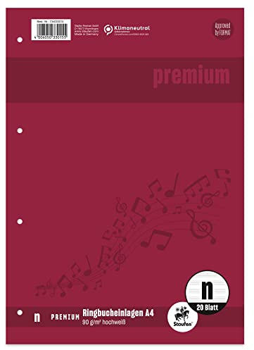 Staufen Premium Ringbucheinlagen - DIN A4, 20 Blatt, LIN N (Noten) | Ringbucheinlage mit genormter 4-fach Lochung für die schnelle Ablage, Lineatur N