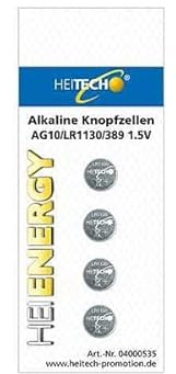 HEITECH 4er Pack AG10 Alkaline Knopfzellen Batterie 1,5V - LR54 / L1130 / LR1130 / SR54 / SR1130 / SR1130W / SR1130SW / 189/389 / 390 - Knopfbatterien mit Langer Haltbarkeit