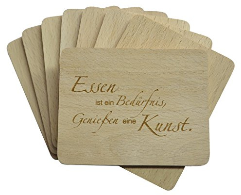 8 Stück Raclette Untersetzer mit Lasergravur Essen ist ein Bedürfnis, Genießen eine Kunst. aus Buchenholz, 100x80x7mm