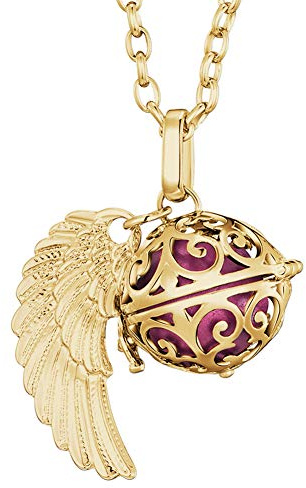 Morella Damen Halskette Gold Edelstahl 70 cm mit goldenem Anhänger Engelsflügel und Klangkugel Ø 16 mm in Schmuckbeutel
