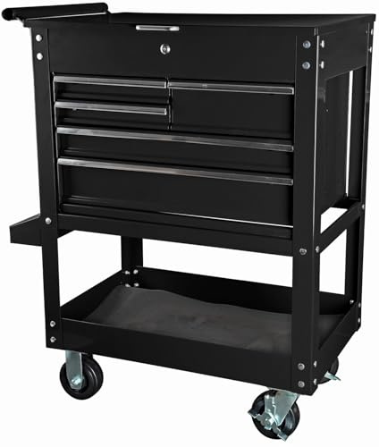 JEGS 5-Drawer Tool Box Cart | Smooth Ball Bearing Glides | Over 700 LBS Capacity | Black Powder Coated Finish | Includes Drawer Liners