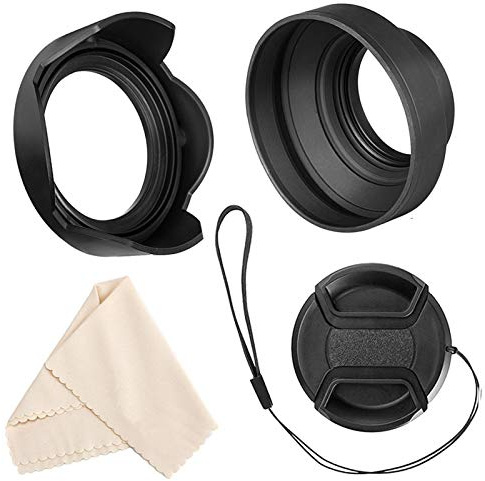 Veatree - Set paraluce da 77 mm, paraluce in gomma pieghevole con filettatura per filtro, paraluce a tulipano reversibile, tappo copriobiettivo a pressione centrale, panno di pulizia in microfibra