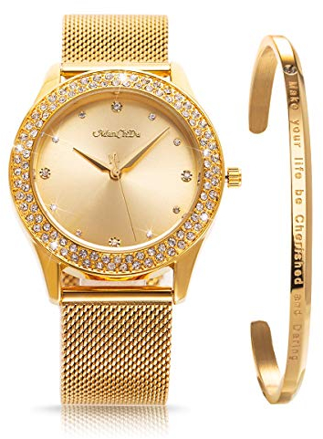 ManChDa Womens Wrist Watch Crystal Case Mesh Stainless Steel Band Bling Ladies Watches Analog Quartz Diamond Classic Fashion Romantic + Jewelry Cuff Bracelet Set Slim Thin Casual Glitter Gold