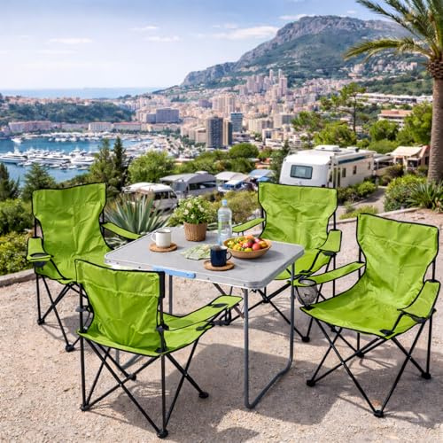 Mojawo 5tlg. Set di mobili da Campeggio in Alluminio, 80 x 60 x 68 cm, 1 Tavolo XL da Campeggio con Maniglia e 4 sedie da Pescatore, sedie Pieghevoli da Campeggio, Verde Lime