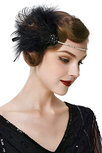 BABEYOND 1920-talet pannband fjäder kvinnor 20-talet stil flapper Charleston hårband Great Gatsby damer karneval kostym tillbehör svart