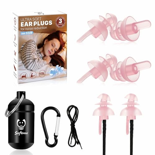Softvox Sleep Ear Plugs for Side Sleepers [3 Pairs], 100x Reusable Soft Earplugs for Noise Reduction, Noise Cancelling Ear Buds for Snoring, Study, Travel, Working, Safety -32dB Hearing Protection