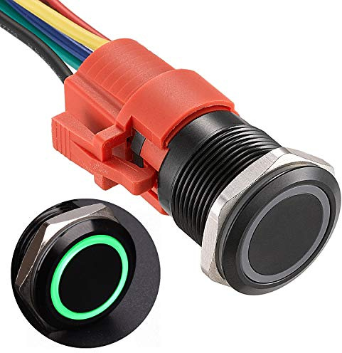 APIELE 19MM Latching Metallo Interruttore a pulsante,interruttore autobloccante pulsante 12VDC 5A，Alloggiamento in alluminio con LED impermeabile con spina pre-cablata(verde)