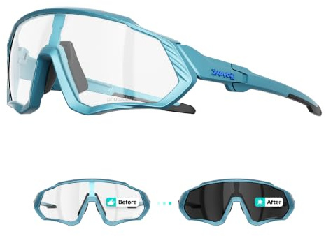 KAPVOE Selbsttönende Fahrradbrille UV400 TR90 Herren Damen K9408 | Klar zu Schwarz Photochrom CAT.0-CAT.2, Nachtfahrt, UV400, 34g TR90