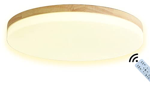 J.SUNUN Holz LED Deckenleuchte 25W Dimmbar Deckenlampe Beleuchtung Deko Wohnzimmer Schlafzimmerlampe Modern Runde Holzlampe Decke Lampe Acryl-Schirm Schlafzimmer Deckenbeleuchtung Φ38CM
