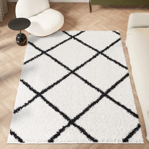 HomeArt Fluffy Shaggy RUG for Living Room, High-Pile (30mm) Super Soft Warm Lined Diamond Thick Luxury Area Carpet for Bedroom and Home Decoration, Small to Extra Large(White/Black Line, 120 x 170 cm)