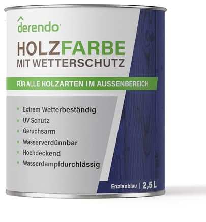 derendo Holzfarbe blau Holzfarbe außen wetterfest Wetterschutzfarbe Langzeitschutz 2,5L RAL 5010 seidenglänzend Holzlack enzianblau Außenbereich Holzschutzlasur hohe Deckkraft