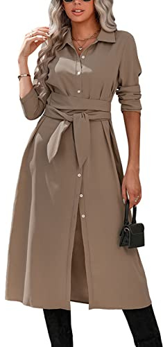 Abito a Camicia da Donna Elegante Camicetta Monopetto Vestito a Maniche Lunghe Vestito Casual Lungo Tunica Camicia Lunga Colletto Rovesciato con Cintura(M-Albicocca)