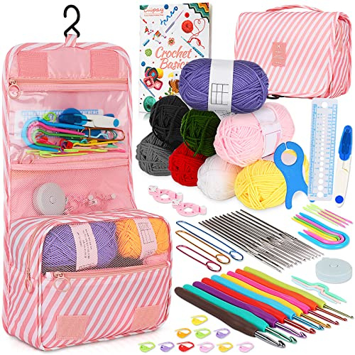 Coopay 63 PCS Crochet Kit for Beginners, Upgraded Crochet Set with Hanging Case & Yarn for Crocheting, Premium Crocheting Hook Set with Book, Crochet Hooks, Yarn, Knitting & Crocheting Supplies