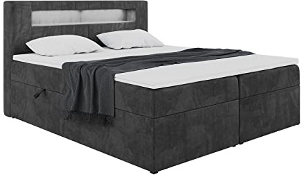 MEBLINI Boxspringbett mit Bettkasten - Bett mit LED Kopfteil - Gepolstert Doppelbett mit Matratze und Topper - Polsterbett mit Stauraum - Stauraumbett - ASPIN - 180x200 - H3/Schwarz Samt
