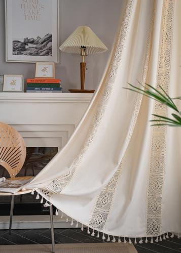 iyoimono Boho Vorhänge 2er Set Beige Vintage Gardinen Landhausstil Häkeln Stricken Vorhänge,Baumwolle Leinen Quaste Transluzente Verdunklung Gardinen für Küche Wohnzimmer Schlafzimmer,B150×H160cm