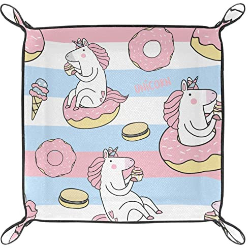 Leather Valet Tray Key Jewelry Tray,Donut cake Ice cream Unicorn,Desk Organizer Dresser Tray Storage Box for Table