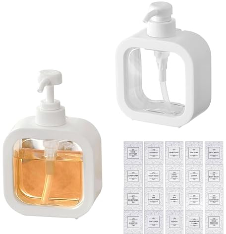 Seifenspender mit Etiketten, 2 Stück 300/500ml Pumpspender, Lotionspender mit 20 Etiketten, Transparent Acryl Duschgelspender für Küche Bad (300 ML)
