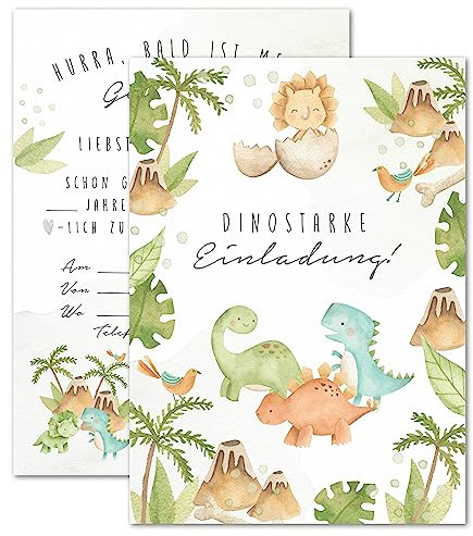 double critical Lemmami Papeterie 8er Set Einladungskarten Kindergeburtstag Dino – Aquarell Dinosaurier & Vulkan – DIN A6 Einladungen für Jungengeburtstag & Dinoparty – Hochwertige Postkarten