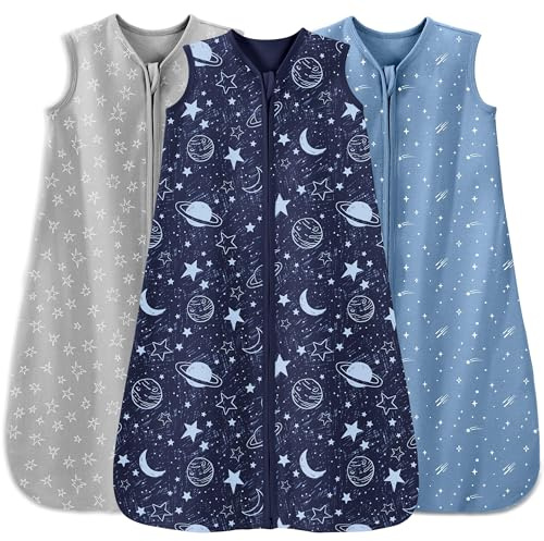 Unnivoll Baby Sleep Sack 0-6 Months 3 Pack 100% Cotton Lightweight 0.5 TOG Wearable Blanket Baby Sleep Bag with 2-Way Zipper for Newborn Infant Blue