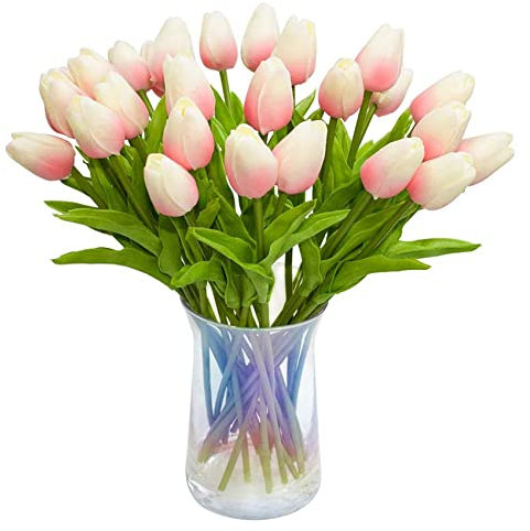 Kaneorooir 30pcs Artificial Tulips Flowers Real Touch PU Tulip Bouquet Latex Flower White Tulip(Light Pink)