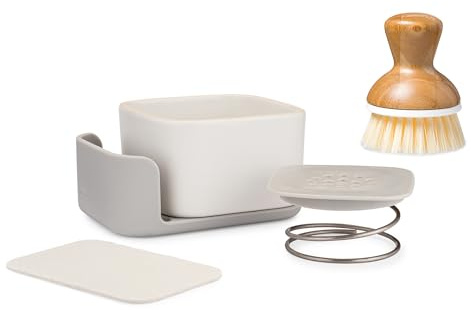 Full Circle Bubble Up Combo – Family Safe, Formaldehyde-Free – Gray Ceramic Soap Dish with Plant-Based Sponge & Bamboo Dish Brush – Versatile Kitchen Scrub Brush Set for Pots, Pans, Counter & Ovens