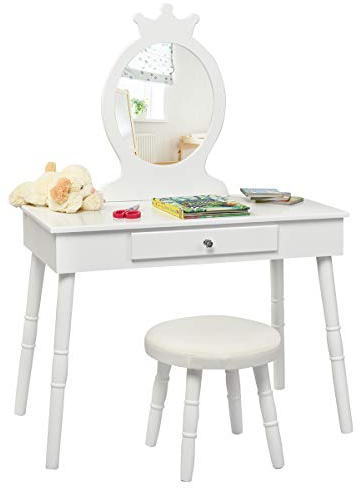 GOPLUS Kinder Schminktisch mit Hocker, 2 in 1 Frisiertisch & Schreibtisch für Kinder, Kosmetiktisch mit Schublade & abnehmbarem Spiegel, für Kinderzimmer & Schlafzimmer, 100x70x34cm (Weiß)