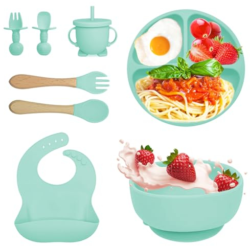 Bizcasa 12 Stück Silikon Baby Geschirrset, Rutschfest Kindergeschirr Set, Kindergeschirr mit Saugnapf, Rutschfest Baby Schüssel,Baby-Teller, Baby-Besteckset für Kleinkinder, BPA Frei (Grün 2)