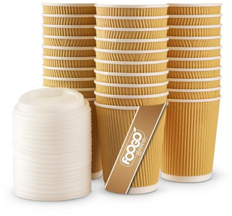 FOOGO Green 50pcs 8oz Triple-Wall Brown Paper Coffee Cups with Lids | FSC® Certified, Fully Compostable, for Hot Drinks, Takeaway And Parties