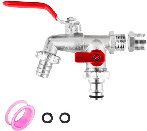 DMJSD Double Robinet de Jardin en Laiton 1/2 Inc et [+ Adaptateur 1,9 cm] - Boisseau Sphérique, Raccord de Tuyau Double Sortie, Kit d'Extérieur