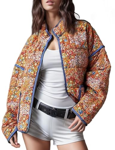 YKR Women's Cropped Puffer Jacket Floral Print Quilted Puffer Jackets Open Front Lightweight Short Jacket Trendy Orange L