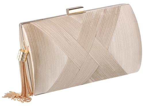 Amexo Damen Clutch Abendtasche, Elegante Kettentasche Braut Hochzeit Abschlussball Ausgehen Party Handtasche Klein Umhängetasche Quaste Geldbörse für Braut (Champagne)