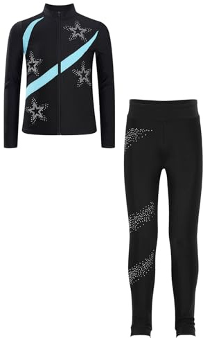inlzdz konståkning kläder set barn flickor tvådelad träningsoverall långärmad dragkedja jacka med konståkningslösningar leggings sportkläder, Ljusblå, 122/128 cm